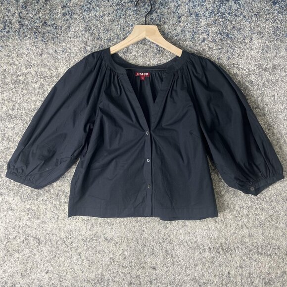 STAUD Shirt Womens XS Black Puff Sleeve Button Front Cropped Blouse Peasant - Picture 1 of 8